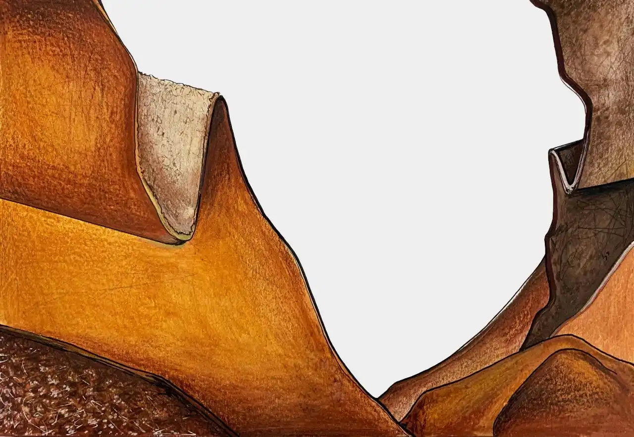 Abstract painting of a canyon with warm brown and orange tones.