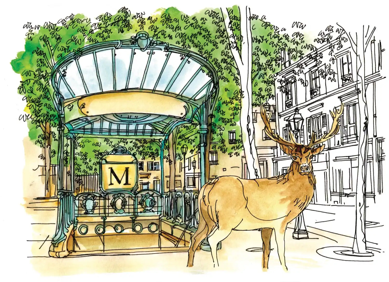 A brown deer with large antlers standing near a green, ornate Metro station entrance.