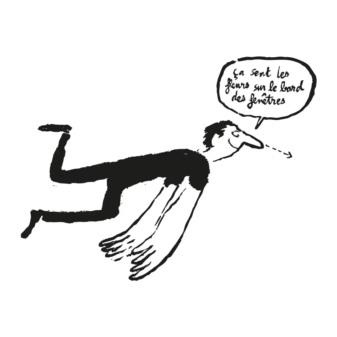 Cartoon man with an elongated nose smelling flowers.