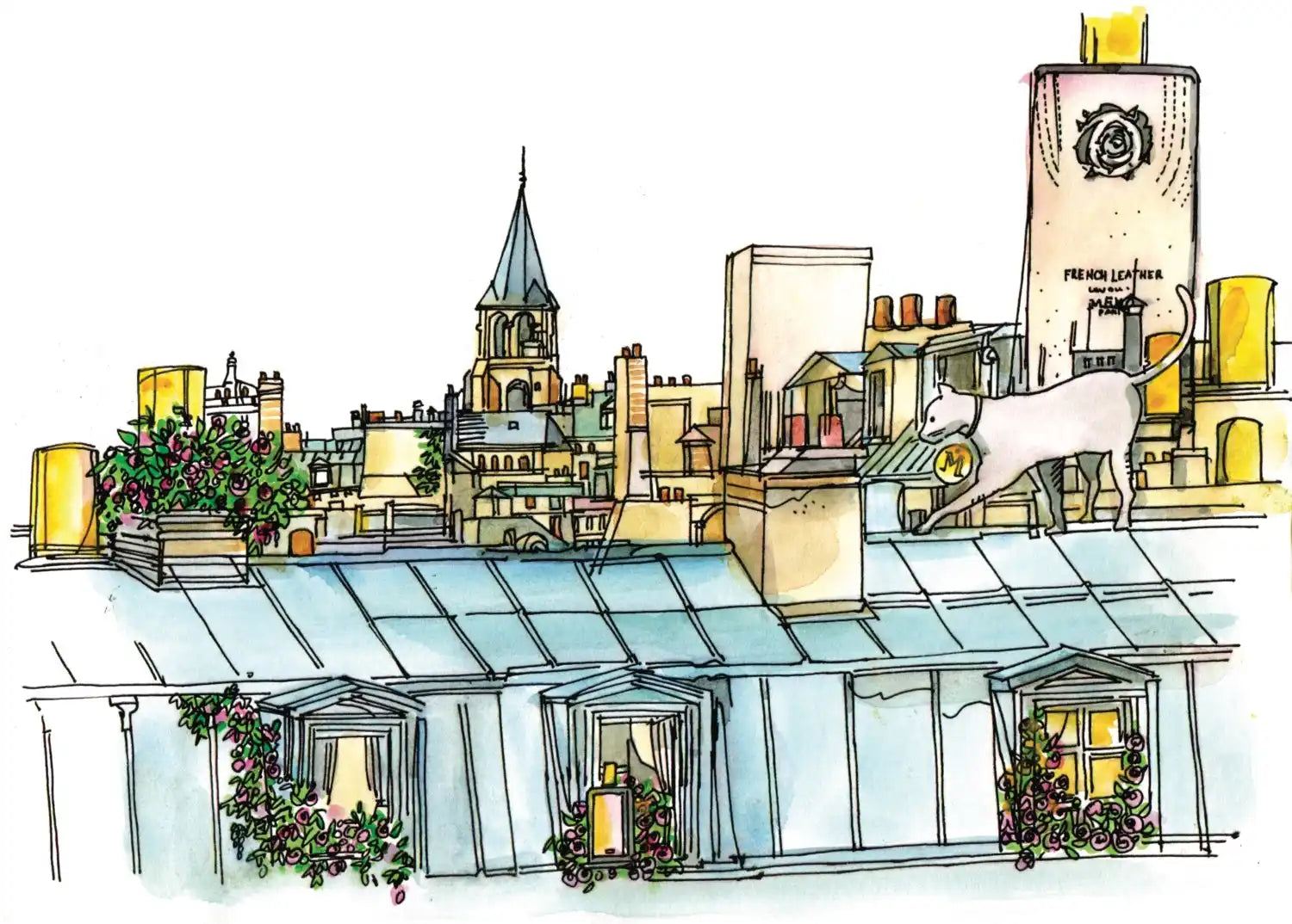 A cat walking on a Parisian rooftop with dormer windows and a large perfume bottle in the background.