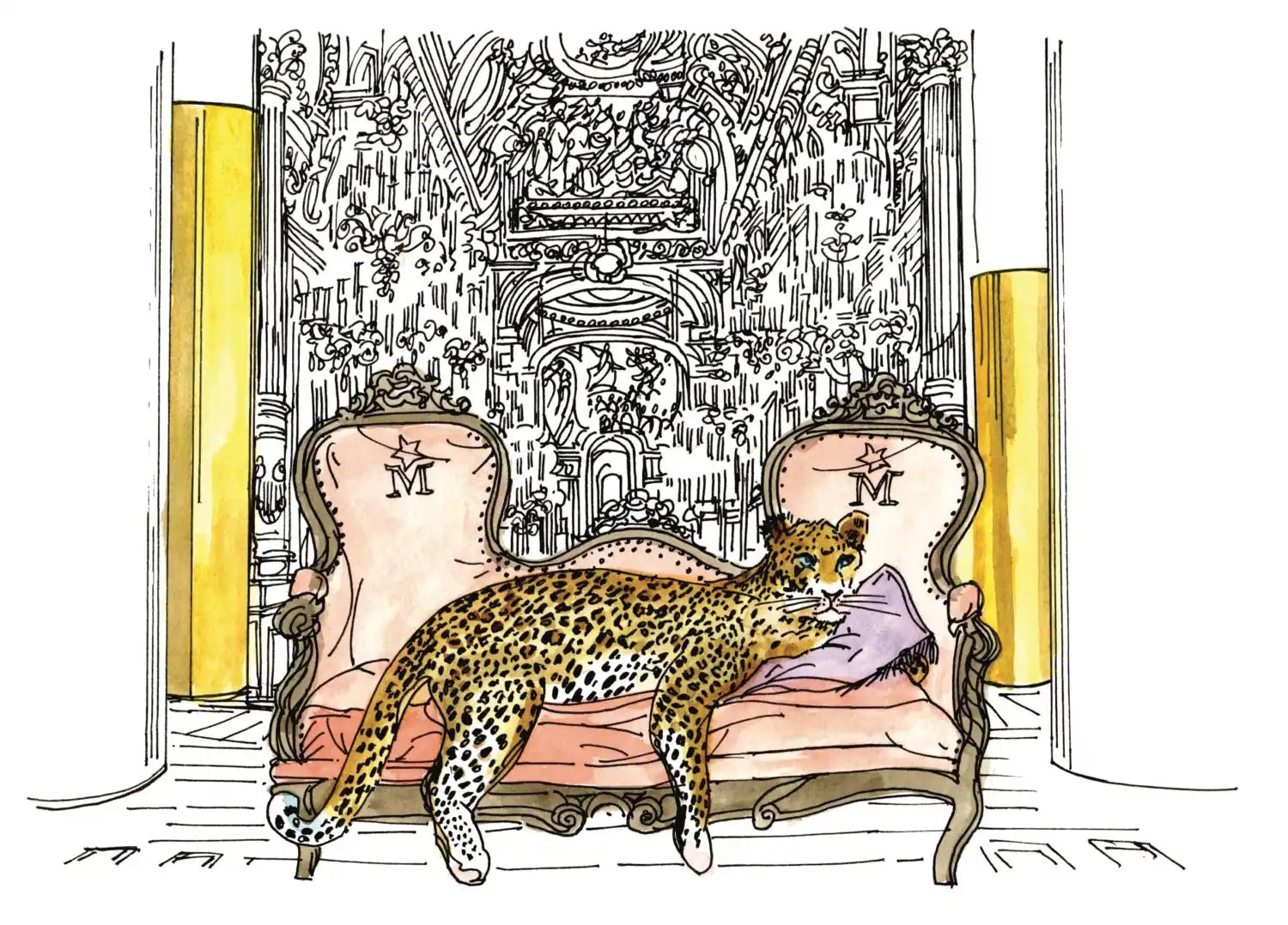 A leopard reclining on an ornate pink sofa.