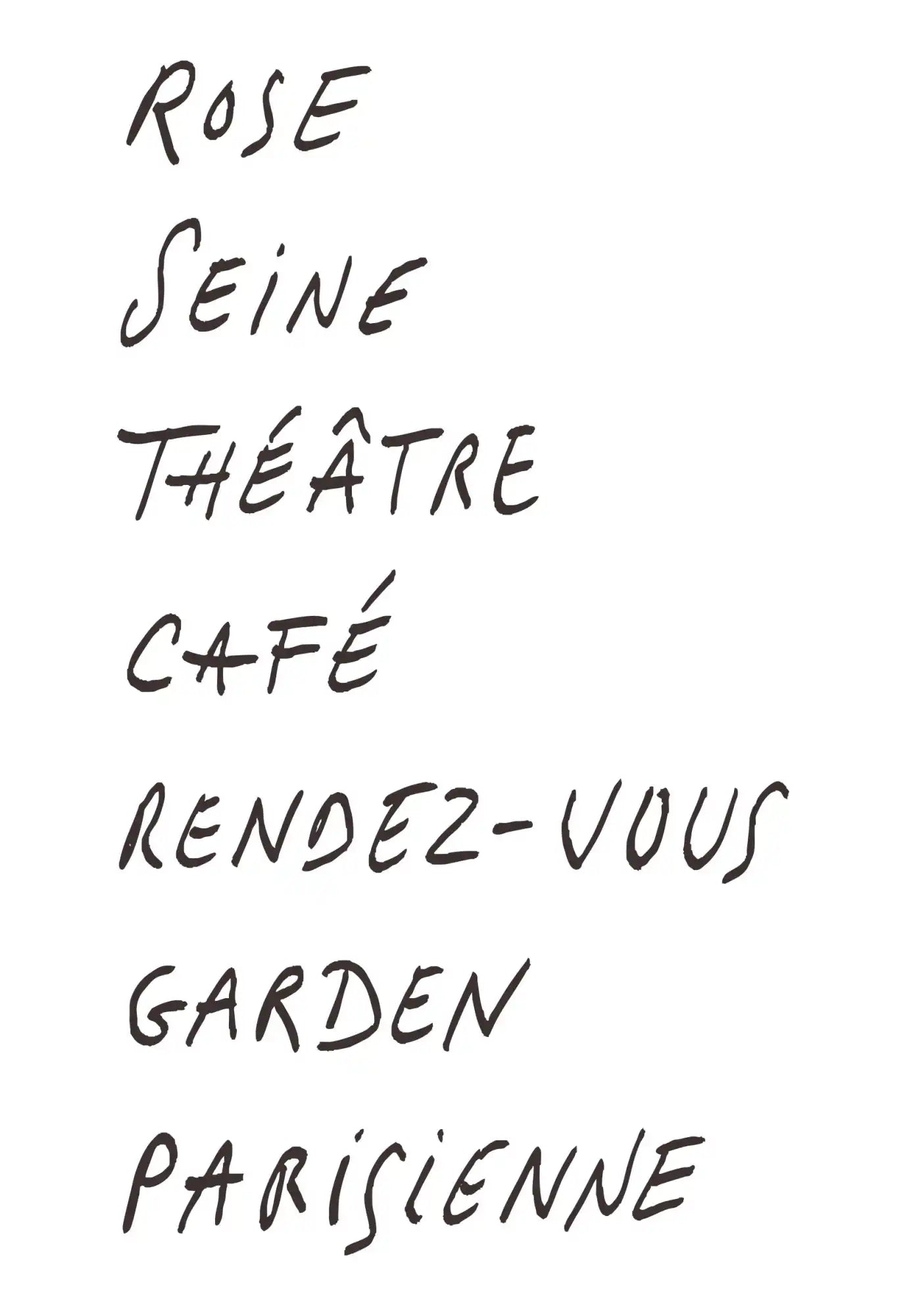 A list of seven words written in French.