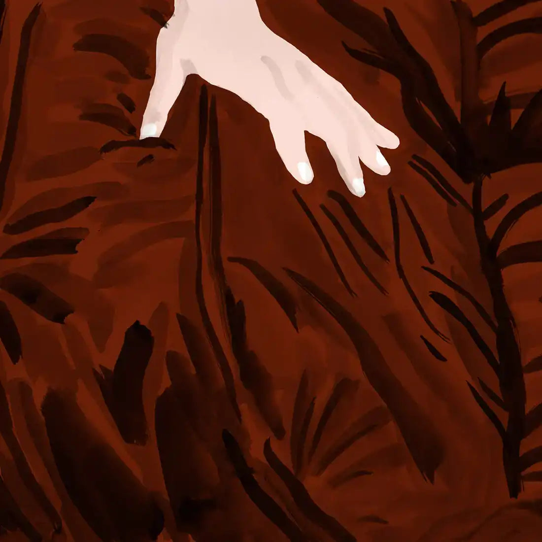 A pale hand with white fingernails resting on a dark red, textured fabric.