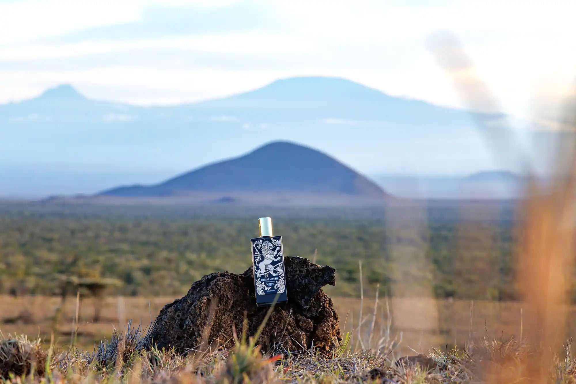 A rectangular bottle of perfume with a silver cap and a blue and white patterned design.