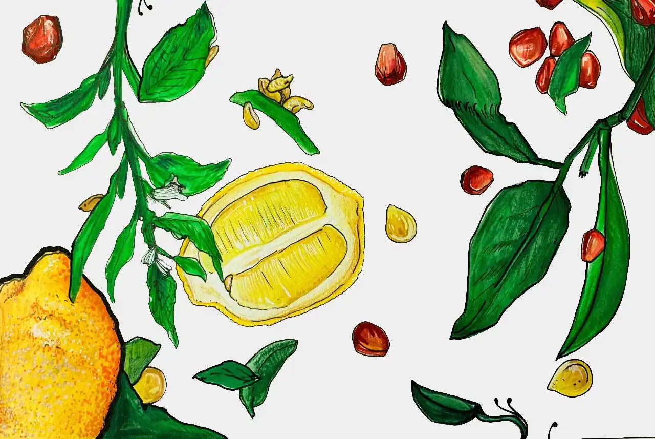 A vibrant illustration of lemons and pomegranate seeds with green foliage.