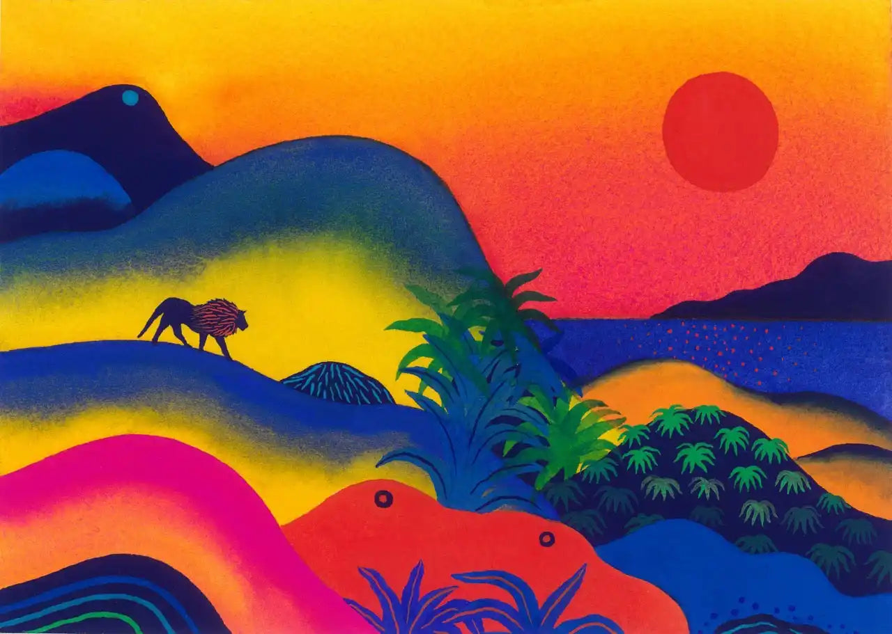 A vibrant, stylized landscape painting of a lion and tropical scenery at sunset.