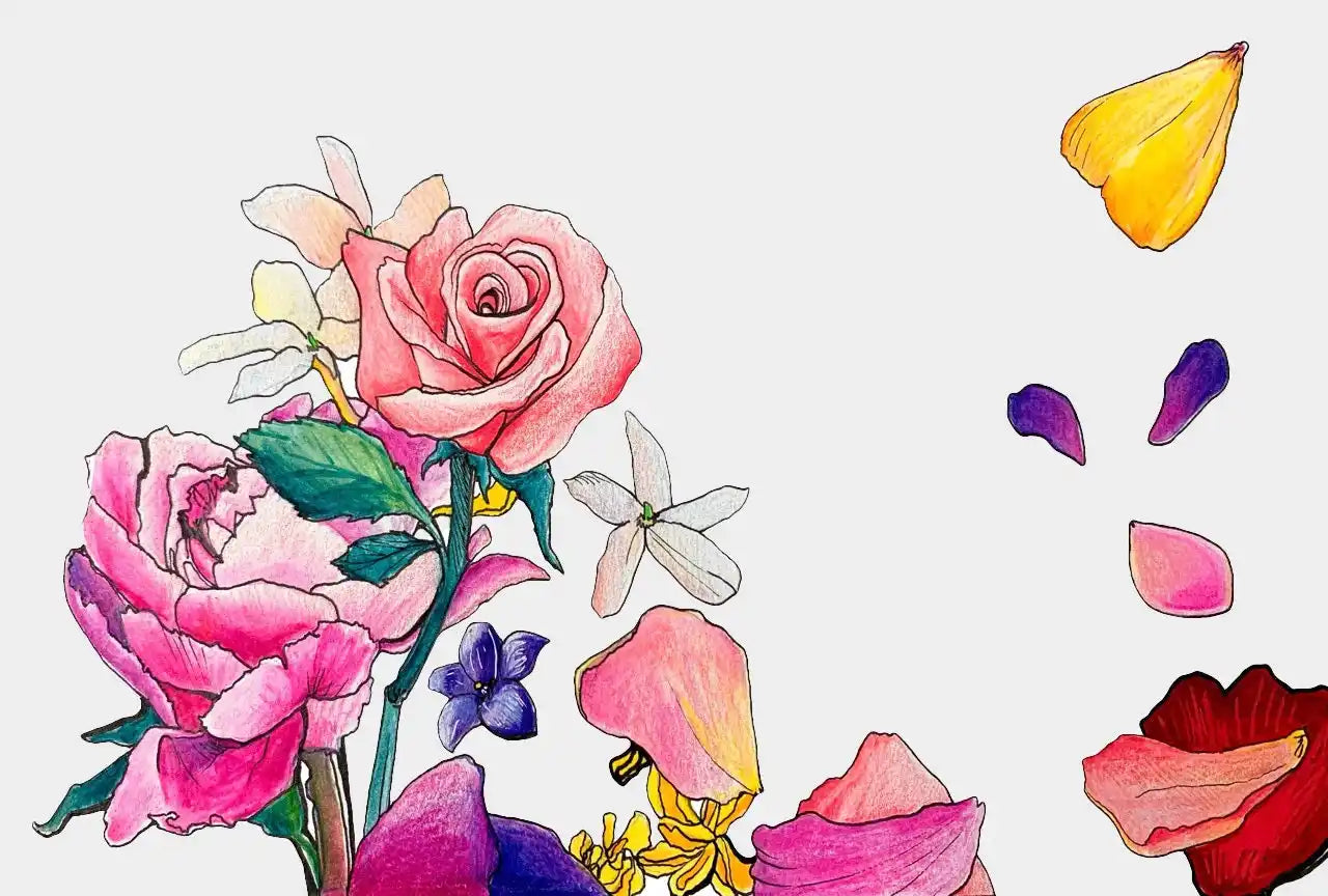 A vibrant watercolor illustration of various flowers and scattered petals.