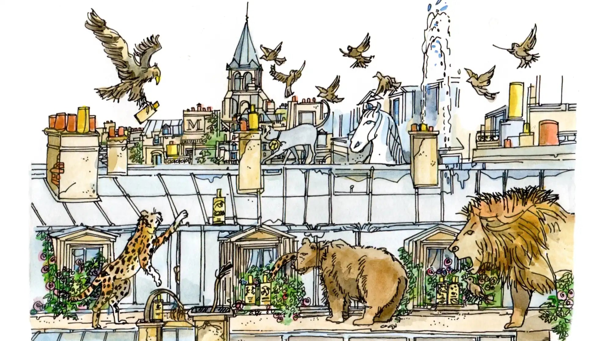 A whimsical rooftop scene featuring various animals, including a leopard, a bear, a lion, a cat, a horse, an eagle, and several birds, all set amongst Parisian-style buildings and chimneys.