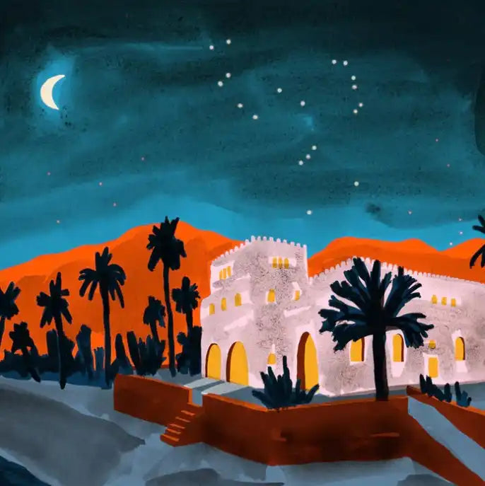 A white stucco building with arched doorways and illuminated windows, surrounded by palm trees under a crescent moon and starry sky.