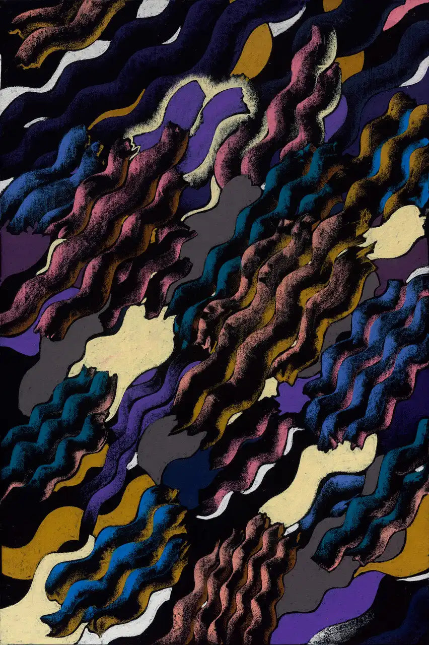 An abstract artwork featuring wavy, colorful patterns with a textured appearance.