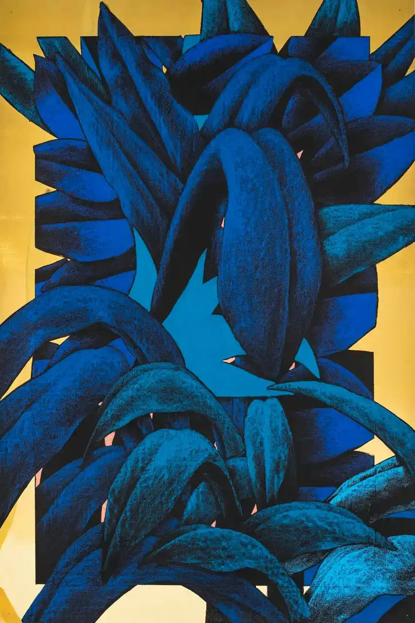 An abstract painting featuring dark blue and teal organic shapes against a golden yellow and light blue geometric background.
