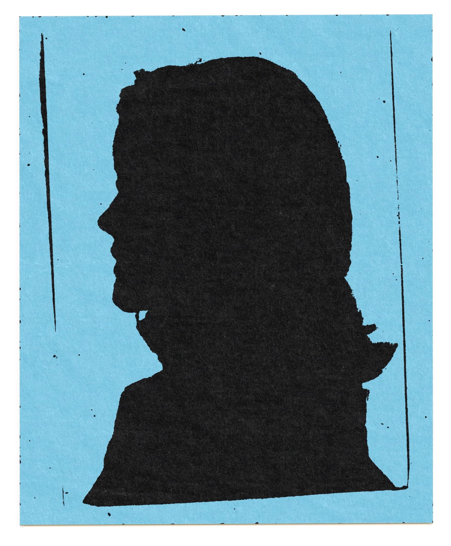 Black silhouette portrait on light blue background.
