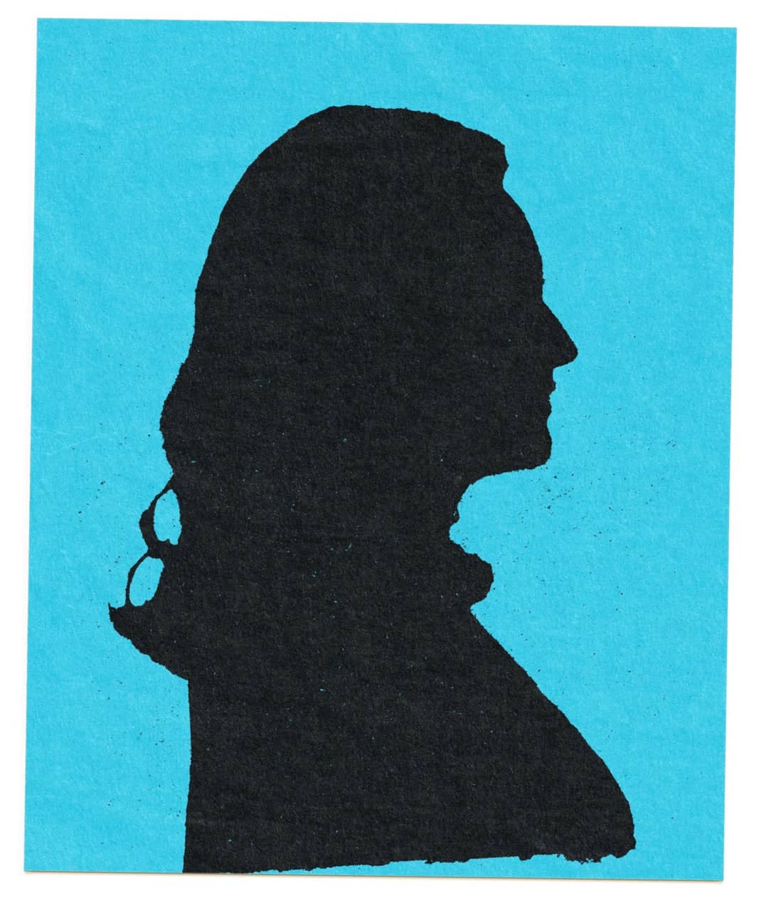 Black silhouette portrait of a person with shoulder-length hair and an ornate collar against a solid blue background.