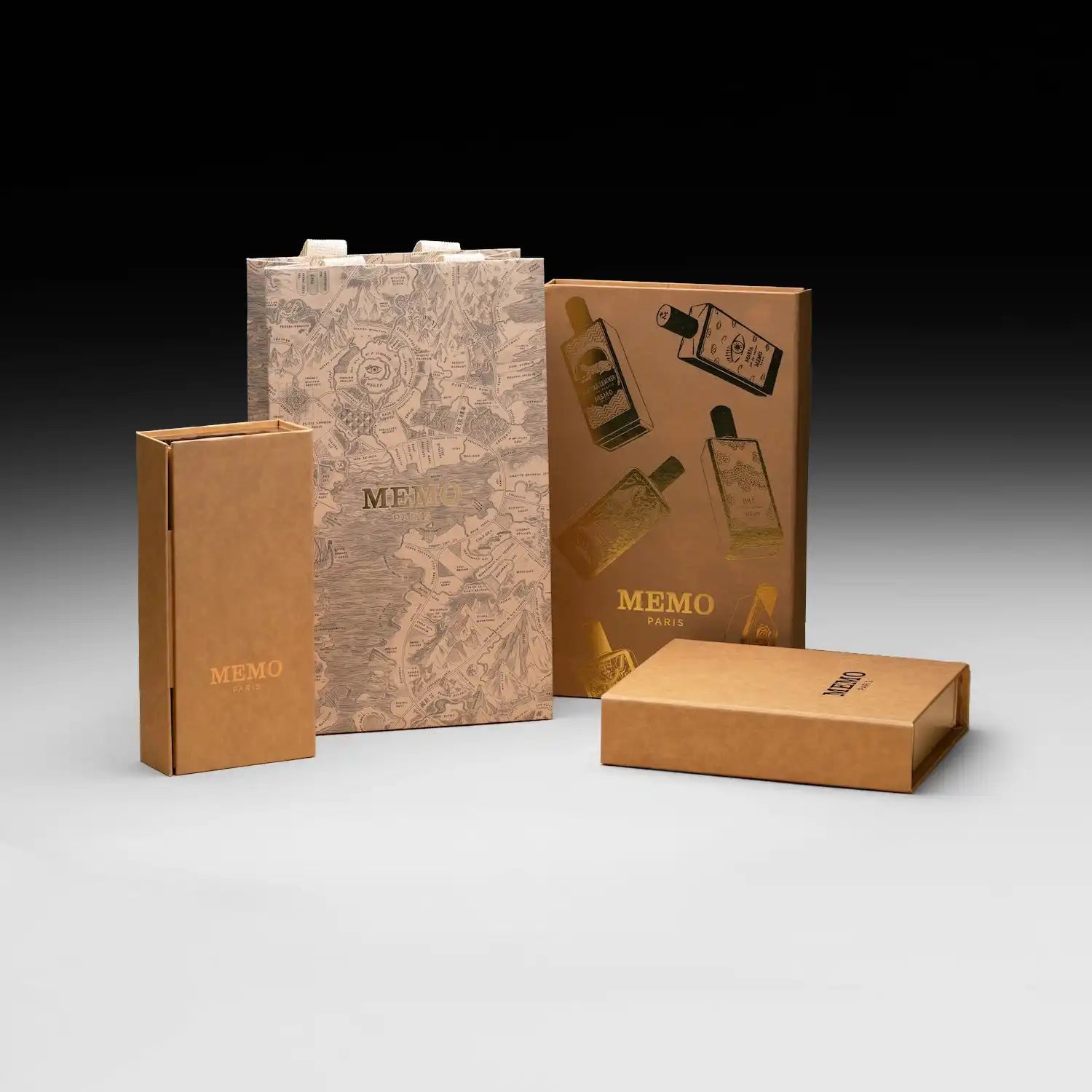 A collection of brown cardboard perfume boxes and bags, some with gold foil designs.