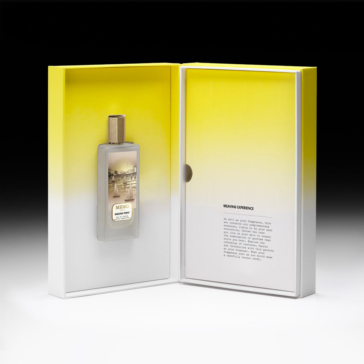 A transparent glass perfume bottle with a gold cap and memo label in a yellow to white darling point essences set box