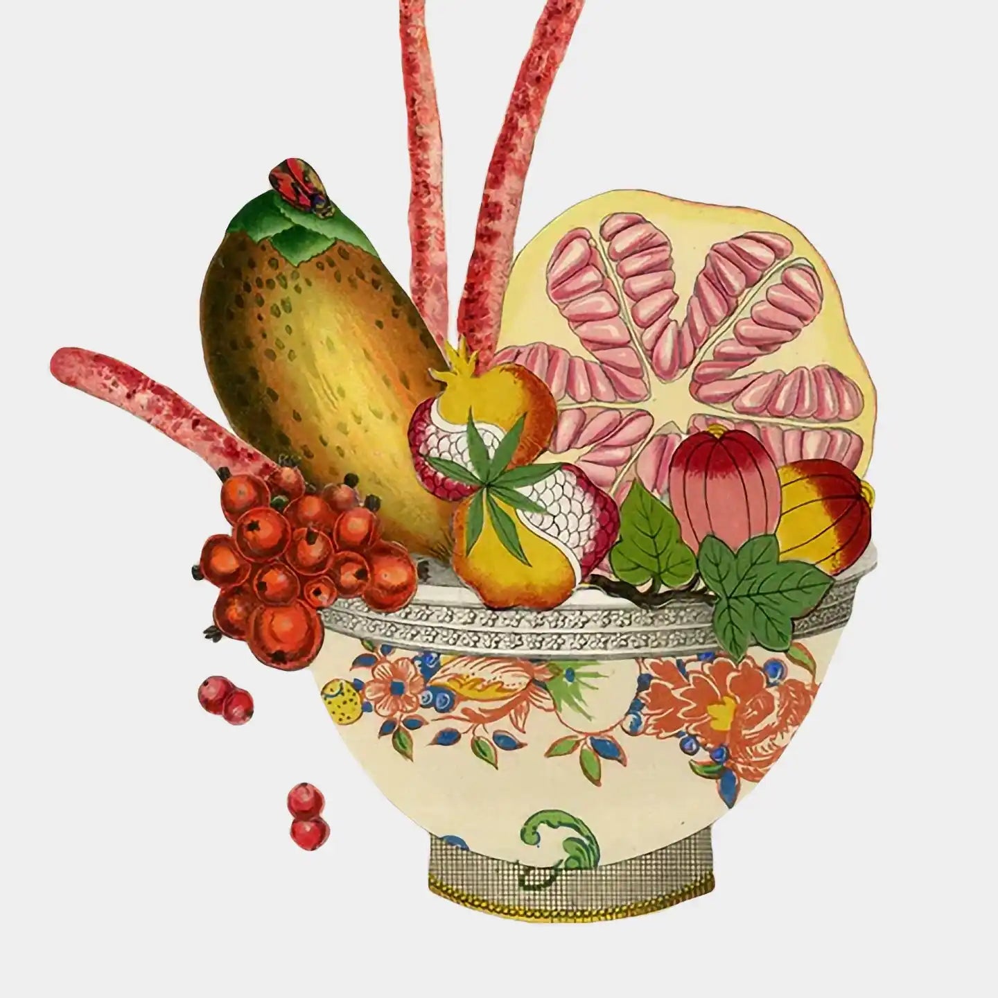 A decorative bowl overflowing with a variety of fruits and berries, including a halved citrus fruit, pomegranates, and red currants, with some long, slender red elements extending upwards.