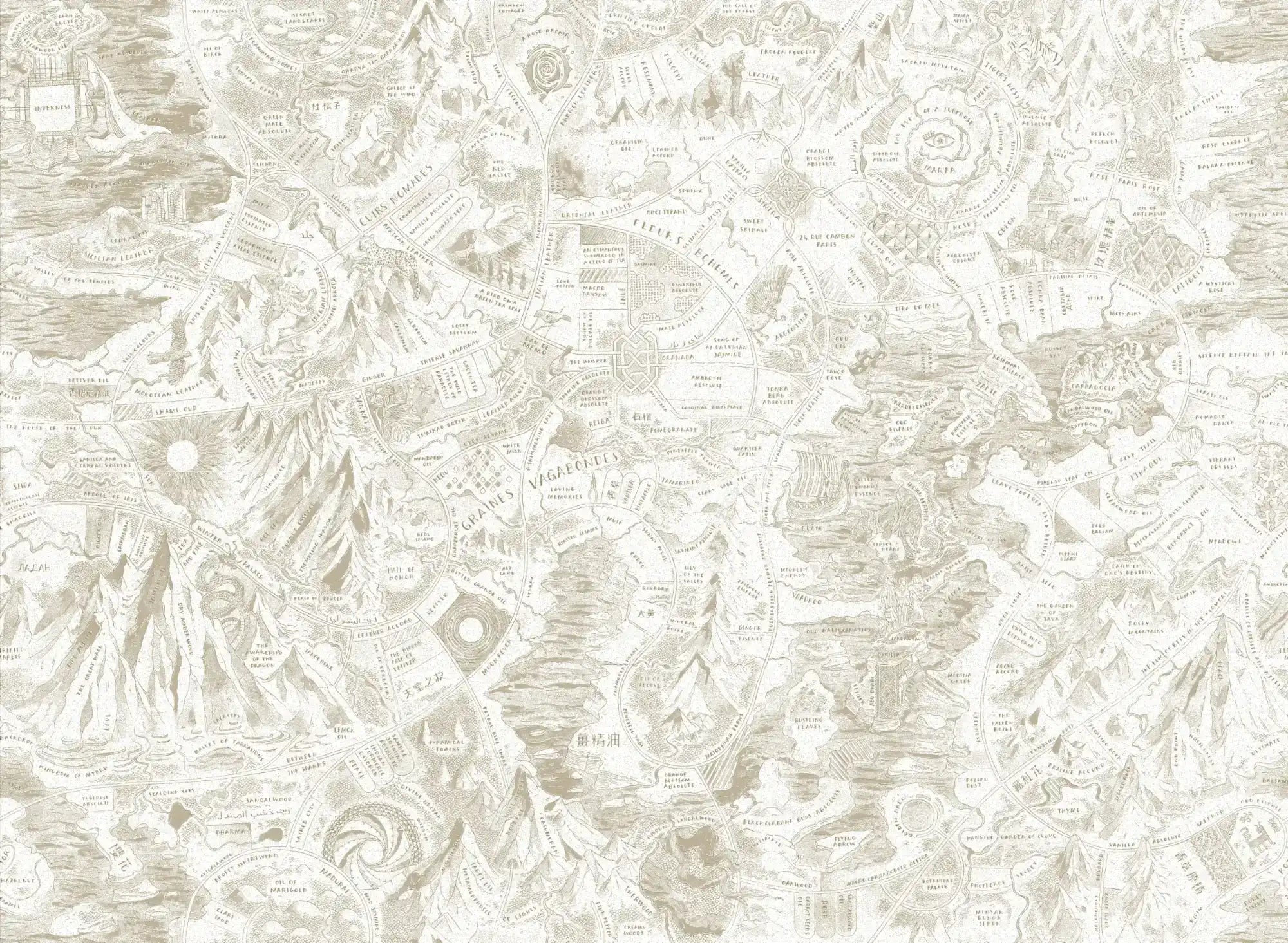 A detailed, fantasy-style map rendered in a monochrome, light brown and white color scheme.