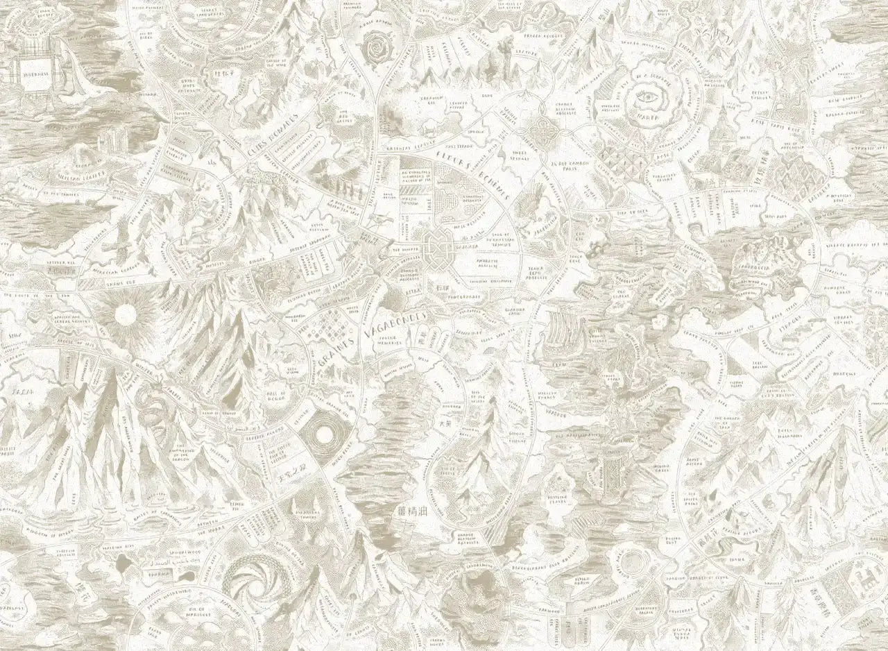 A detailed, hand-drawn map in soft sepia tones with intricate illustrations of mountains, cities, and landmarks.