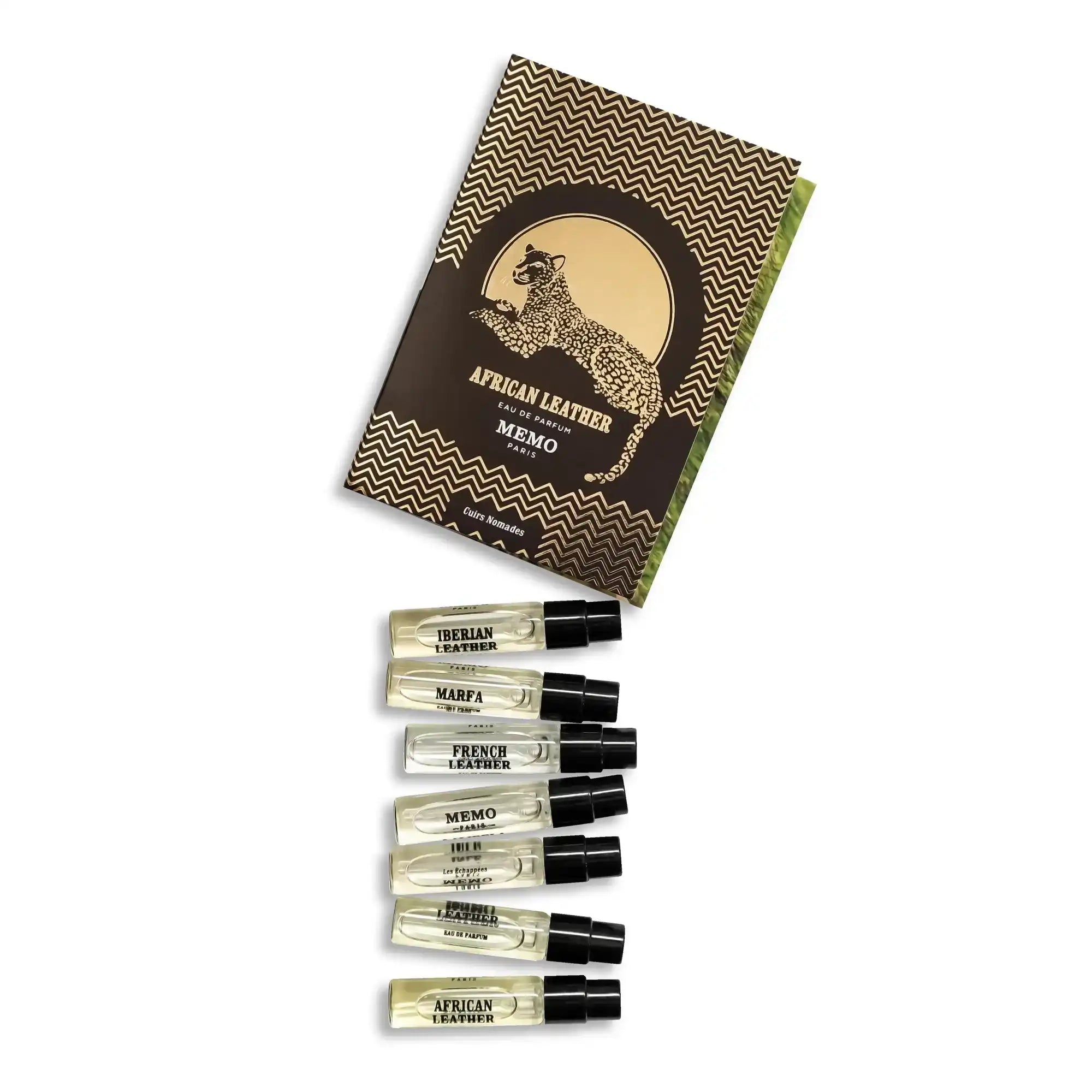 A fragrance sample set with a booklet and multiple vials of perfume.