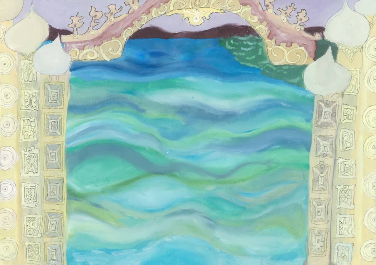 A painted archway with ornate gold and pink detailing frames a swirling blue-green water scene.