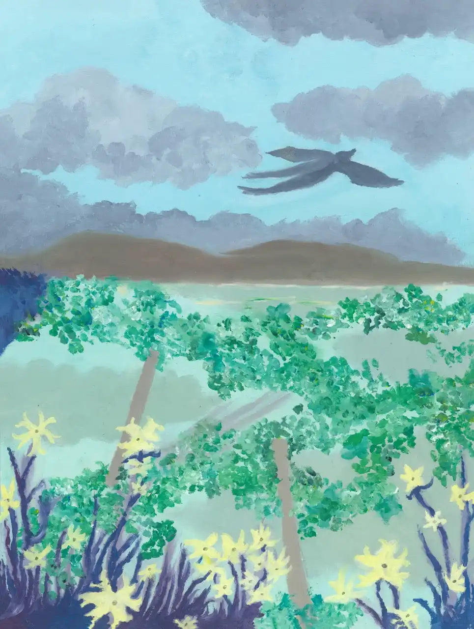 A painting depicting a landscape with a bird flying under a cloudy sky, mountains in the distance, and fields with yellow flowers in the foreground.