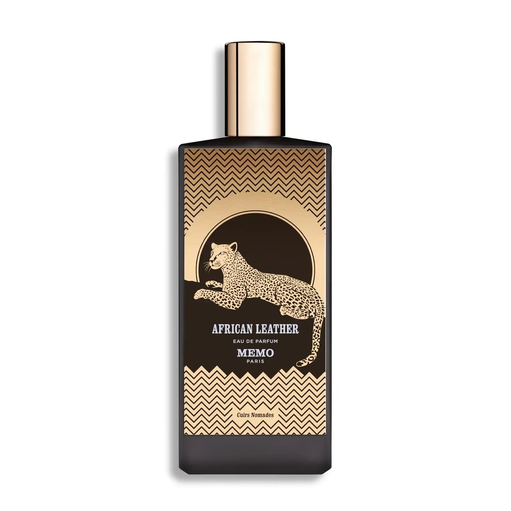 A rectangular black and gold perfume bottle with a leopard design.