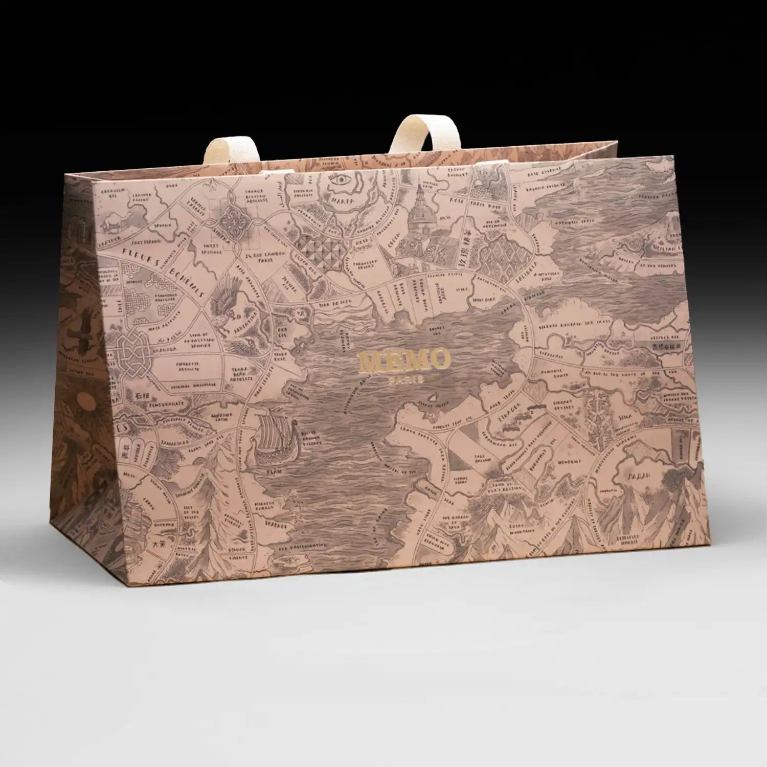 A rectangular gift bag with a vintage map design and two cream-colored ribbon handles.