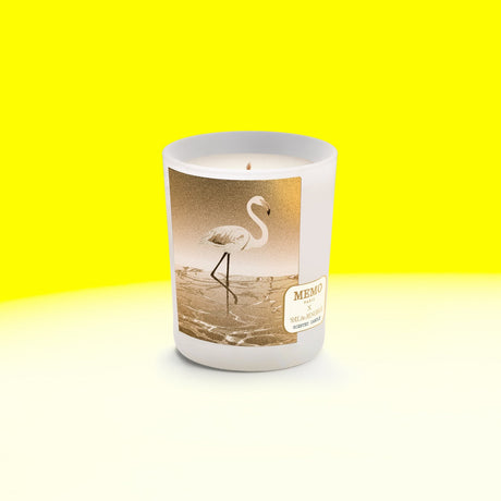 White frosted glass candle jar with gold foil flamingo and memo paris label in sal de menorca design