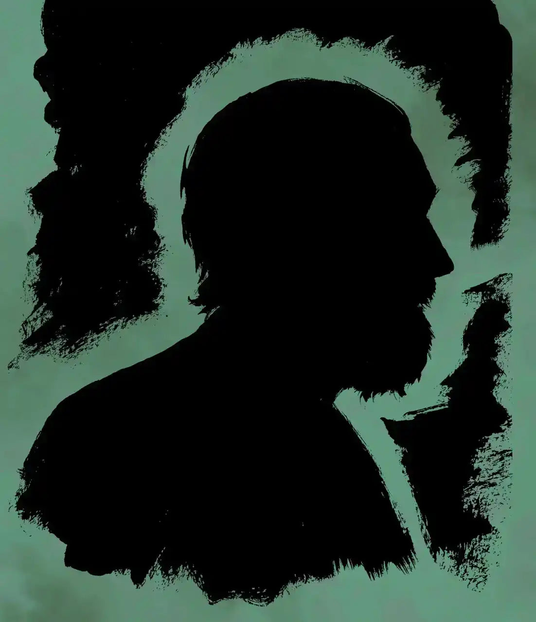 A shadowy silhouette of a bearded man’s profile, outlined by a glowing, brushstroke-like halo.