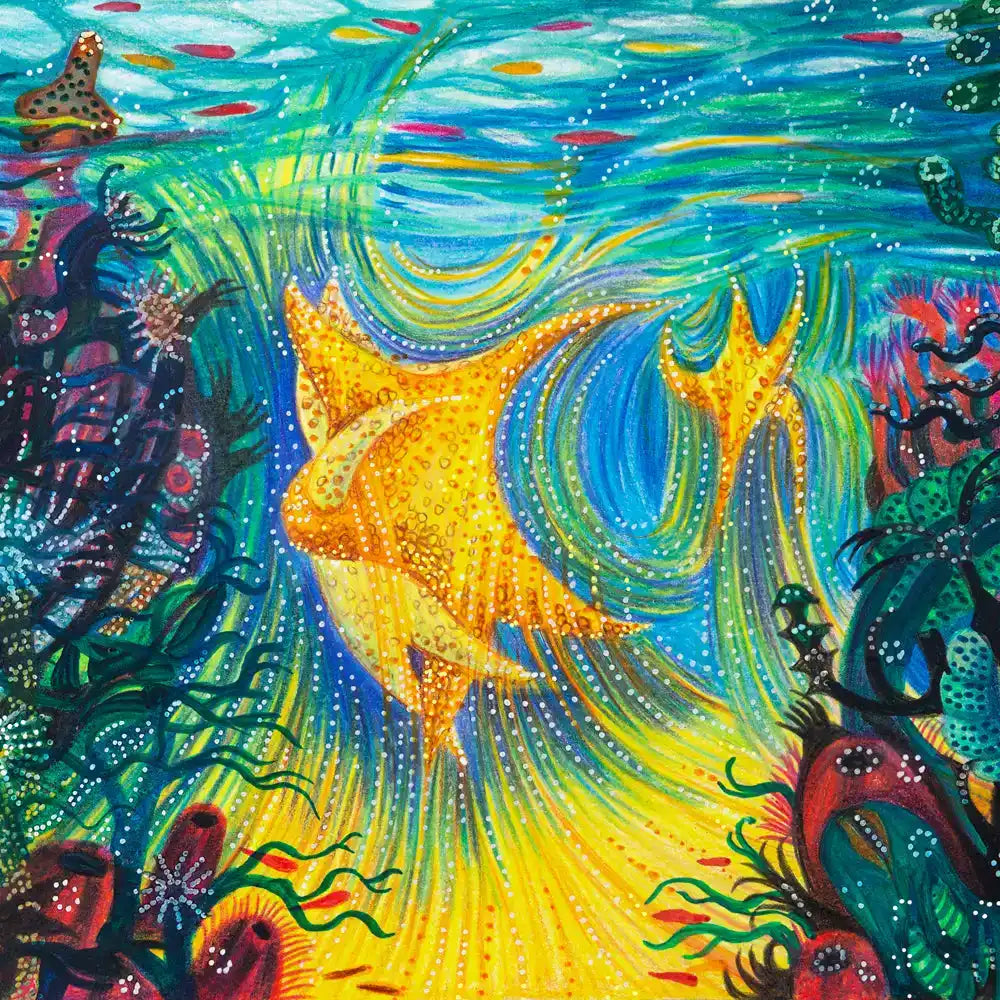 Vibrant, abstract underwater scene with a luminous yellow fish-like creature.
