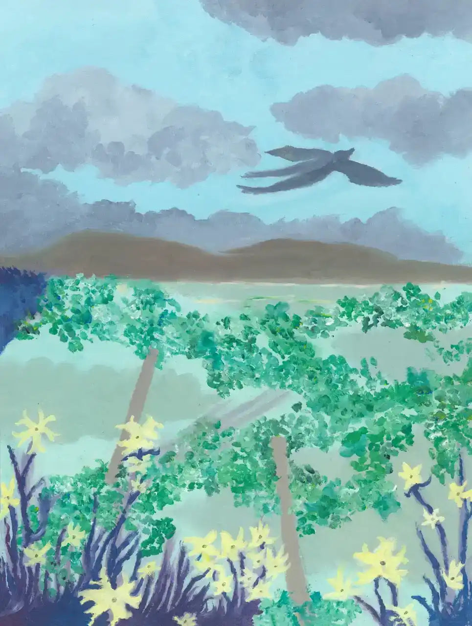 A vibrant landscape painting depicting a body of water, distant mountains, a cloudy sky with a bird in flight, and a foreground filled with green foliage and yellow flowers.