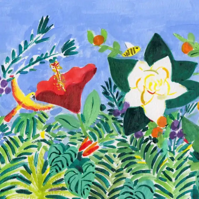 A vibrant painting of a tropical garden scene with a red hibiscus, a white gardenia, and a yellow bird.