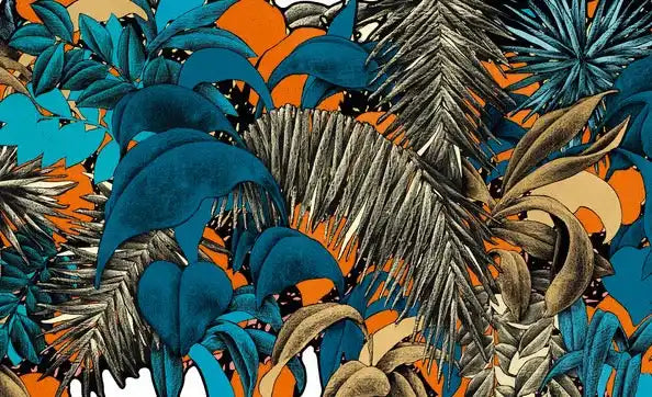 A vibrant, repeating pattern of tropical foliage in teal, orange, and earthy tones.