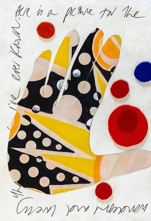 A vibrant, stylized handprint collage featuring bold black and yellow polka dots with silver accents.