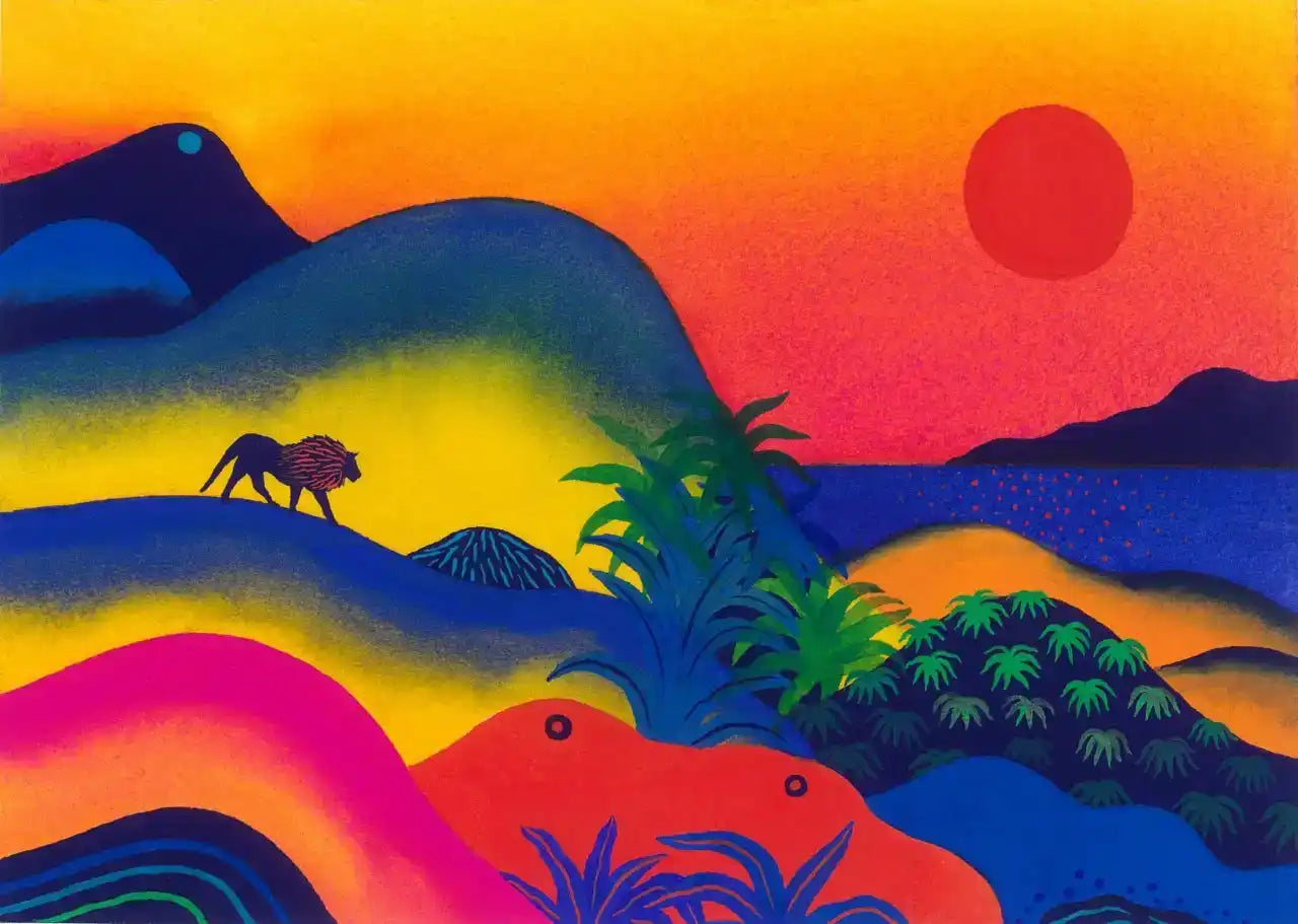 A vibrant, stylized landscape painting with a lion, mountains, and a sunset over the ocean.