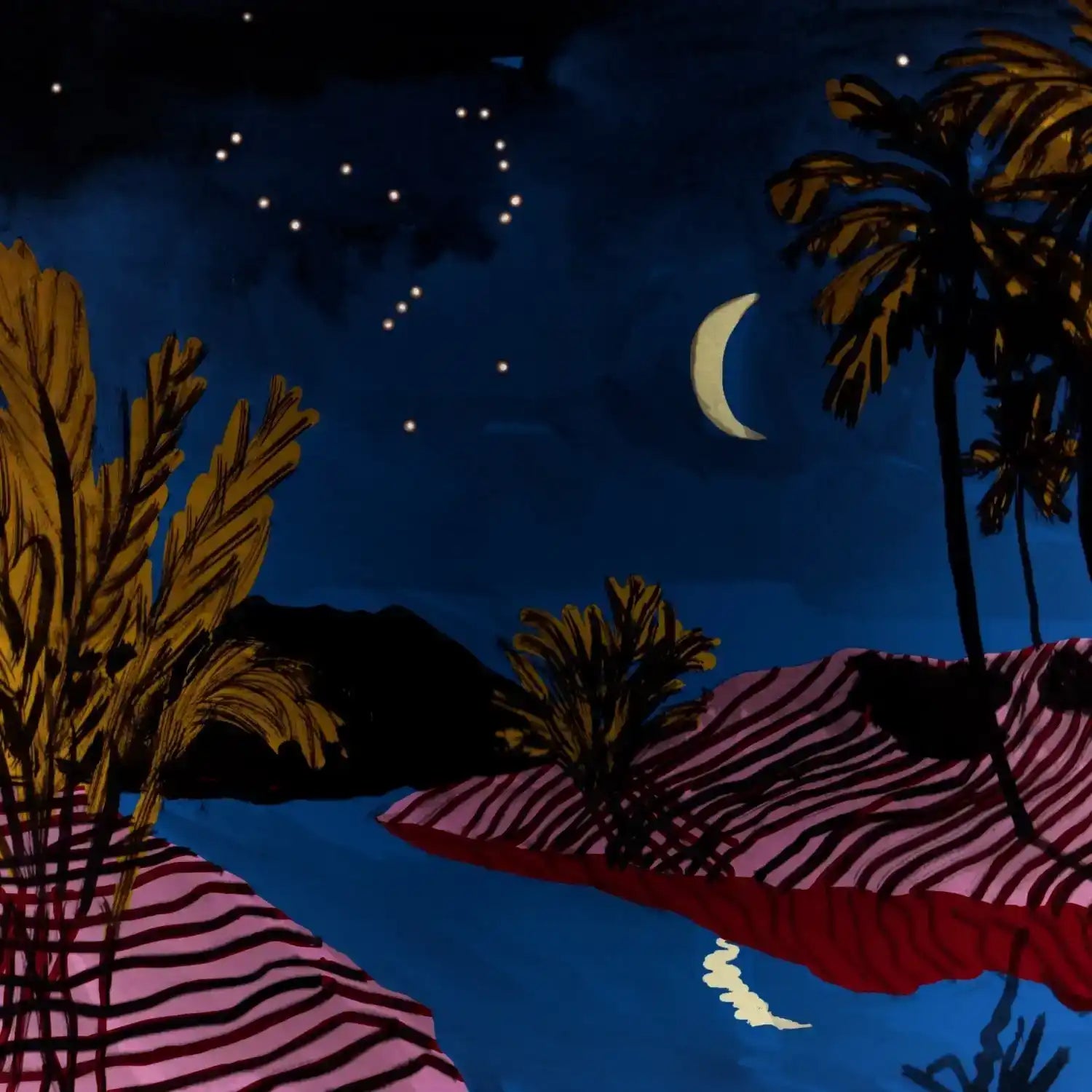 A vibrant, stylized night landscape.