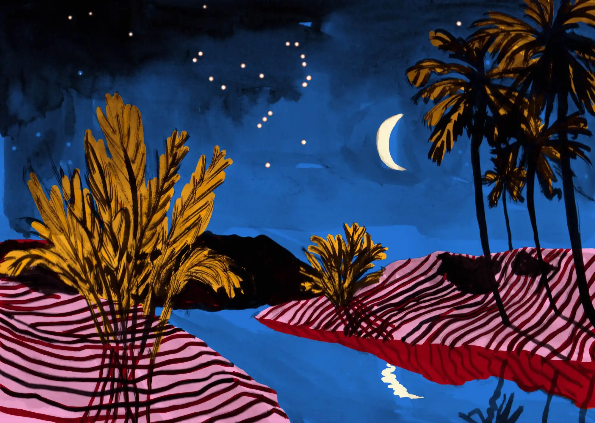 A vibrant, stylized nighttime landscape with a crescent moon and palm trees.