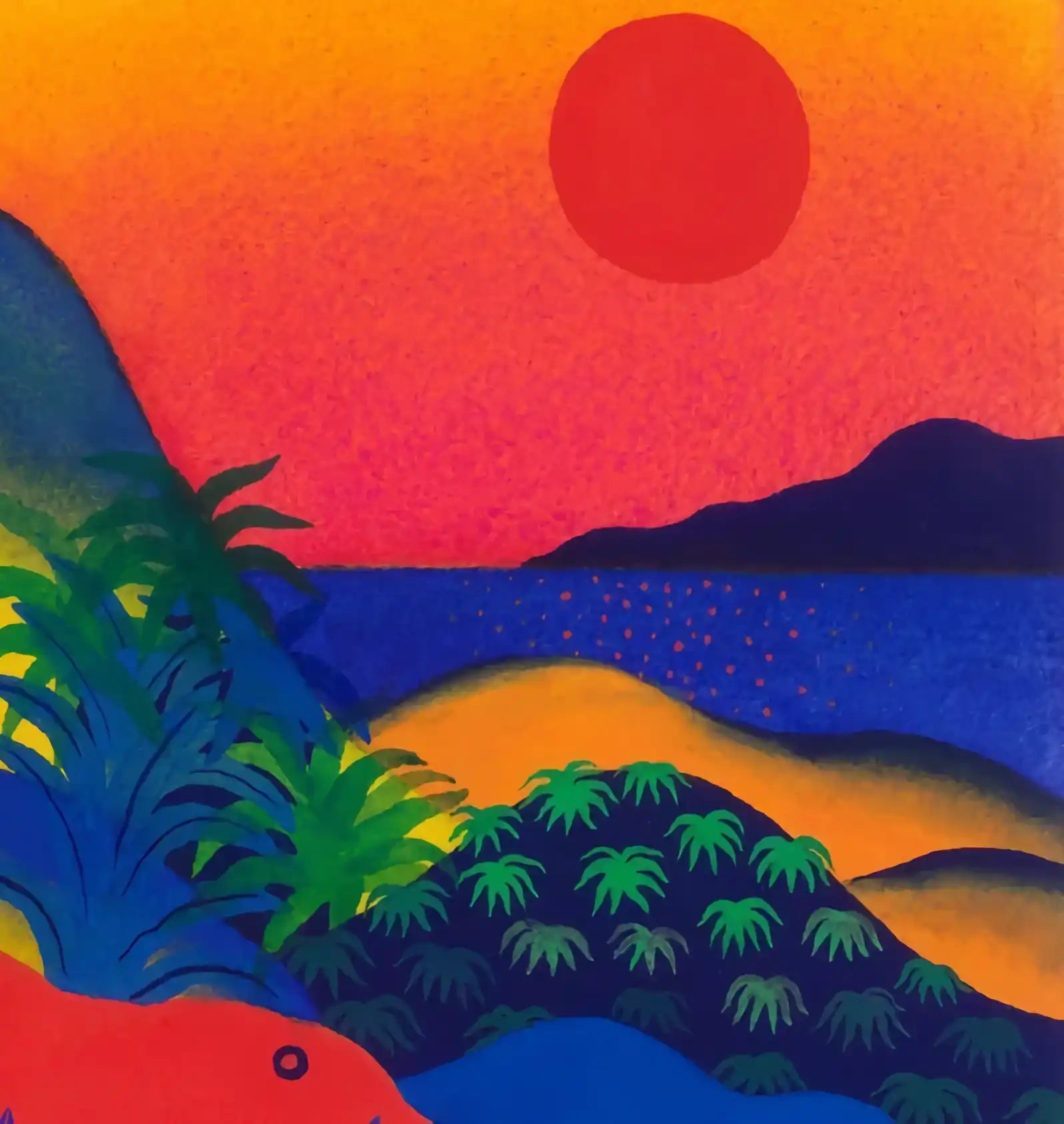 A vibrant, stylized painting of a tropical sunset over the ocean.