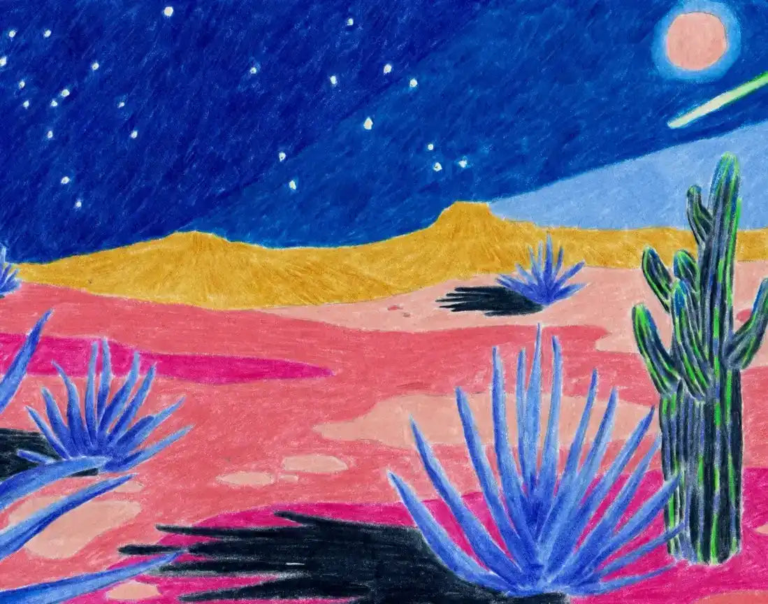 A vibrant, surreal desert landscape at night.