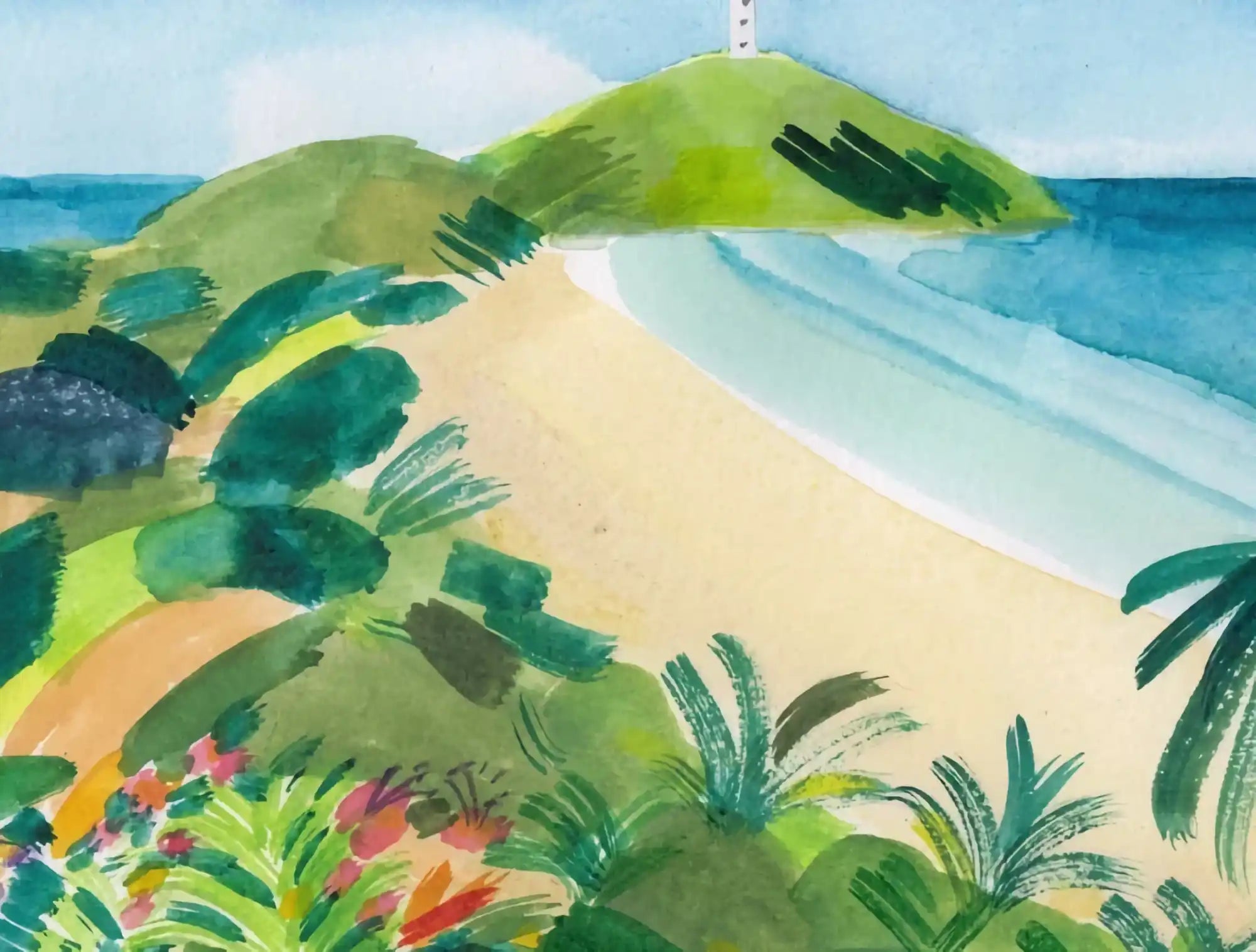 A vibrant watercolor painting of a tropical beach landscape with hills and a lighthouse.