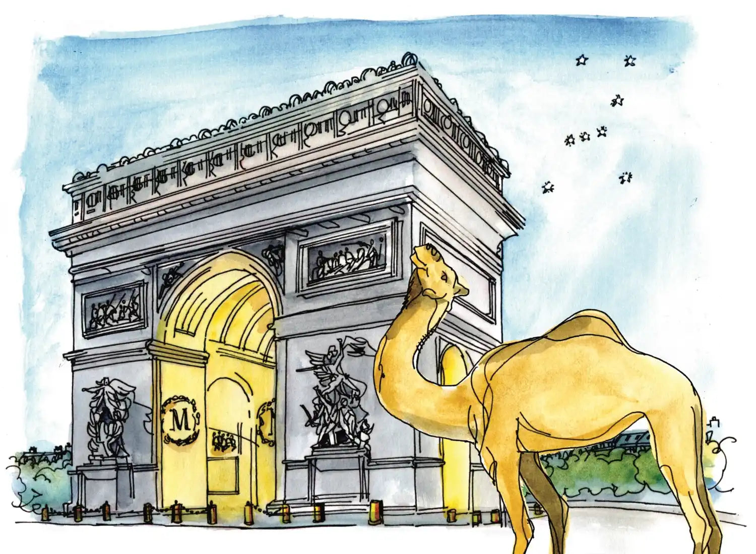 A watercolor illustration of a camel standing in front of the Arc de Triomphe.