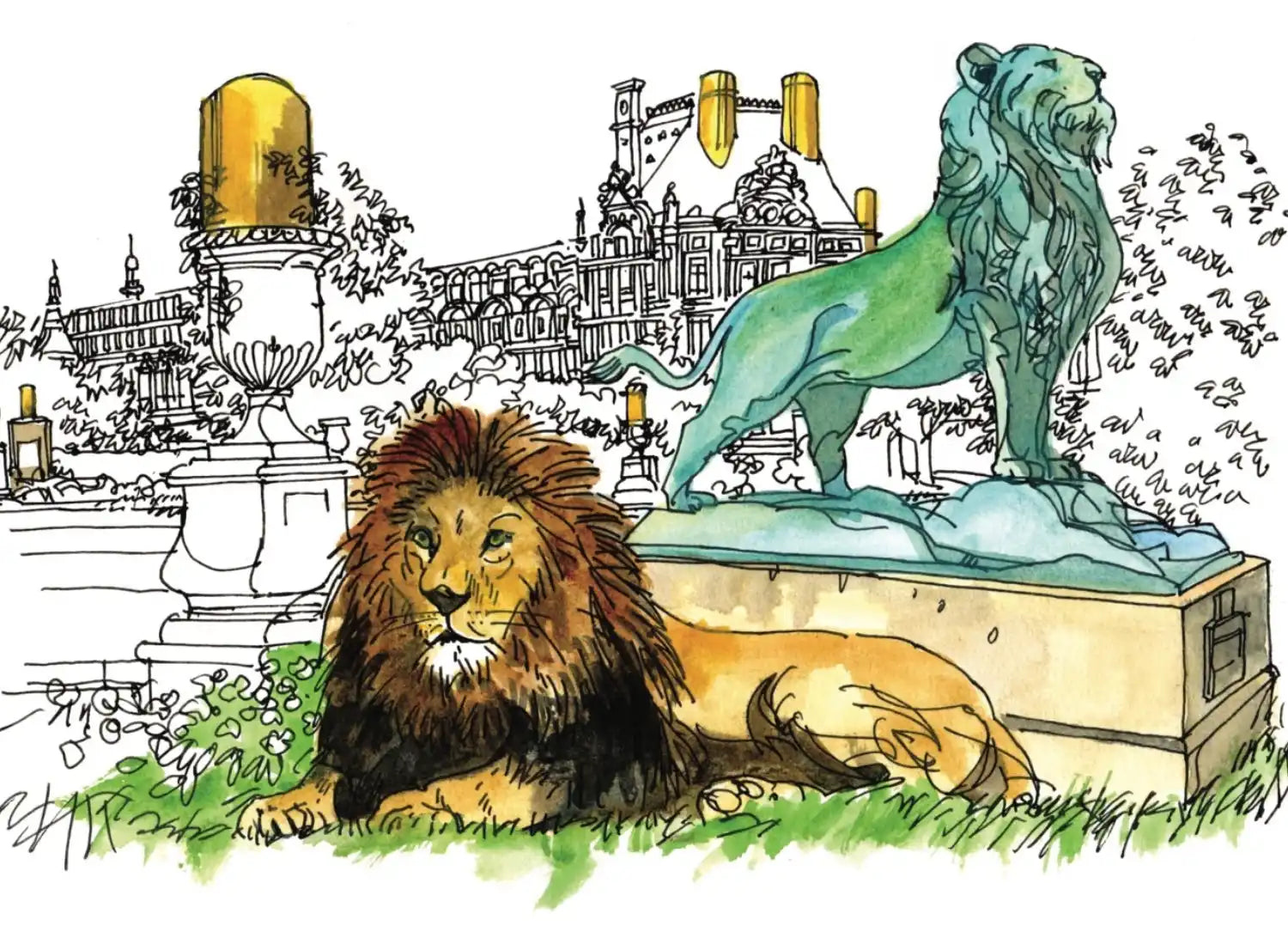 A watercolor illustration of a male lion lying on grass next to a green lion statue, with a detailed building in the background.